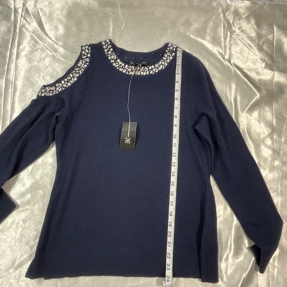 INC Women’s Embellished Cold Shoulder Sweater Navy Beaded Neckline Size S NWT - Picture 7 of 12